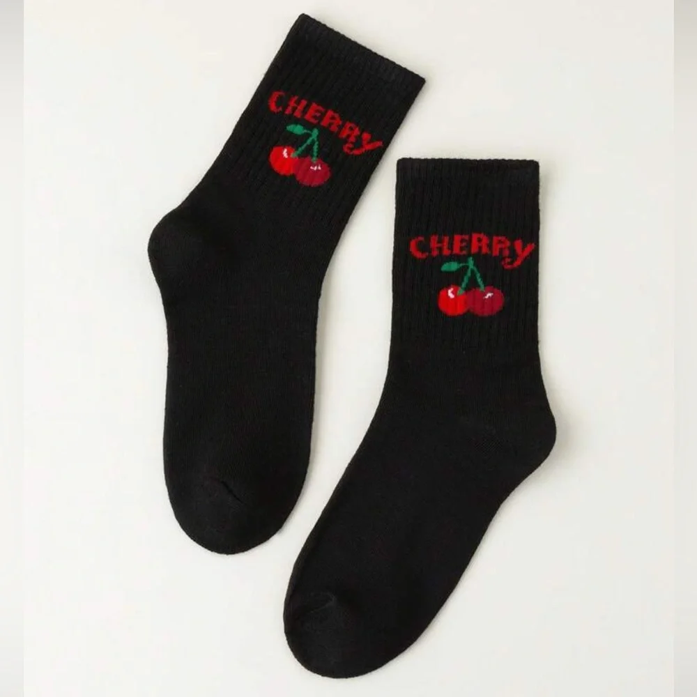 •Cherry Pop• Black Graphic Cherry Print Crew Socks 3 for $21